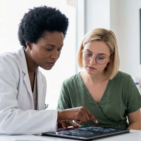 Een arts en een patiënt in gesprek aan een bureau in een kantooromgeving