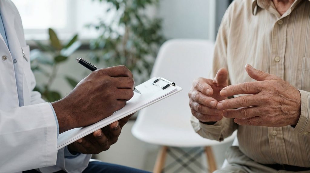 Arts bespreekt vergoeding behandeling met patiënt in spreekkamer